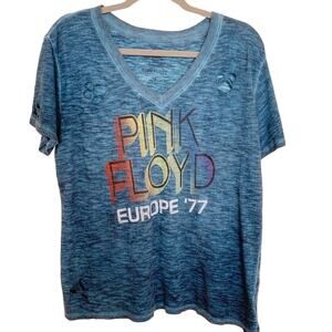 Recycled Karma Blue Distressed Pink Floyd Graphic V Neck Tee Small